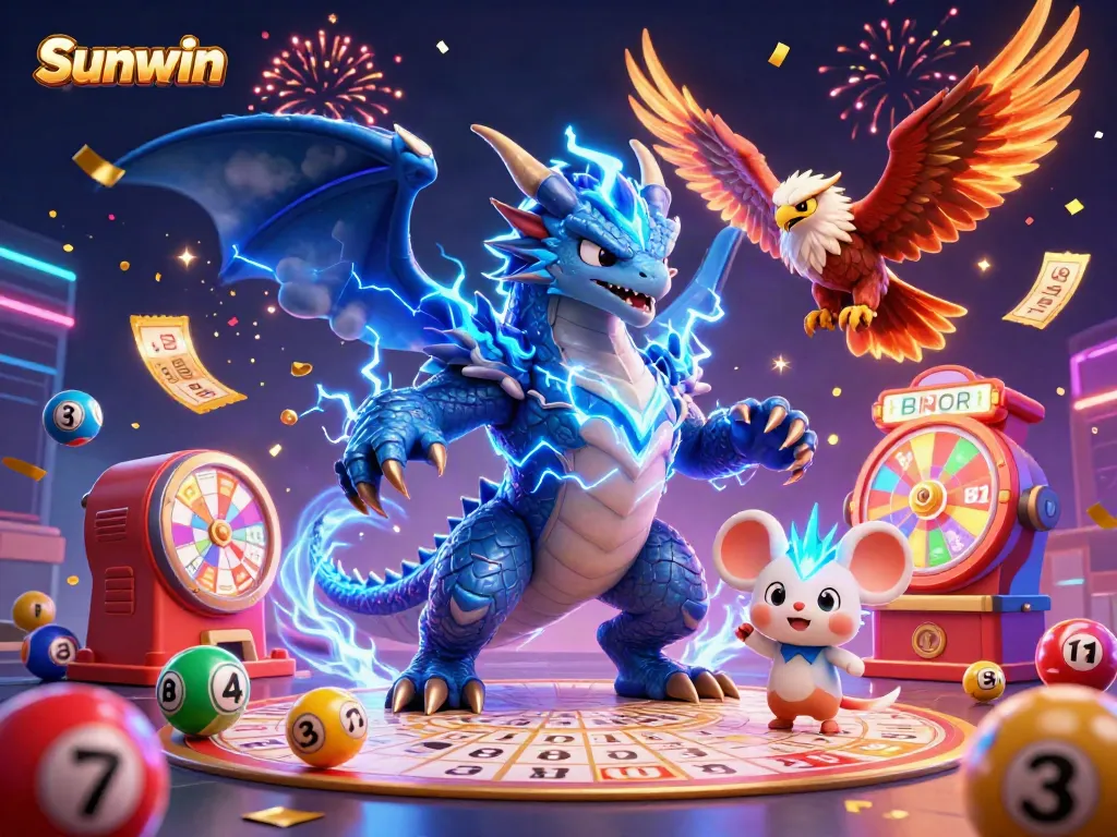 Engage in thrilling gameplay at Sunwin with a dynamic 3D scene of vibrant casino elements and characters.