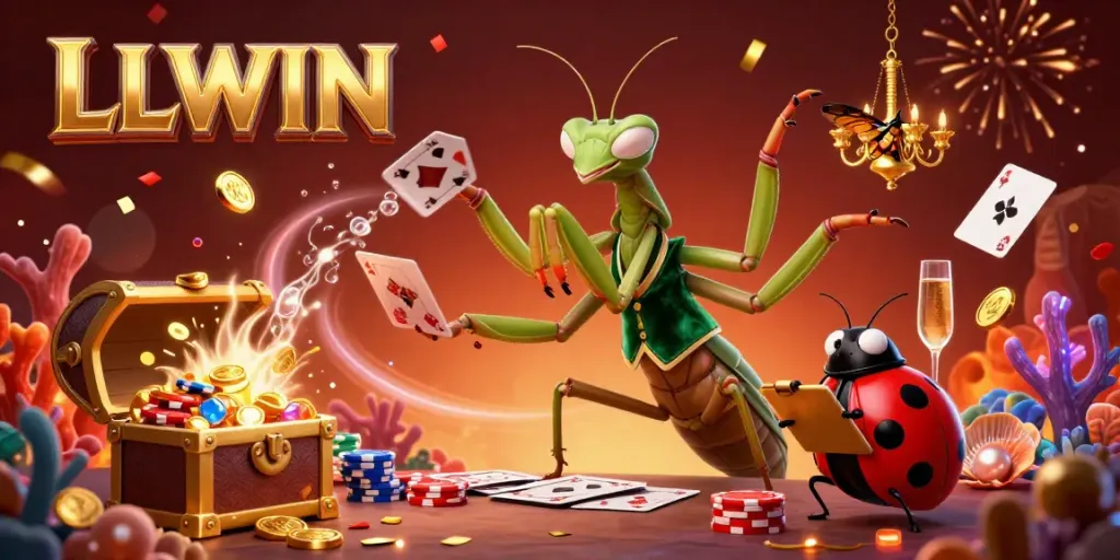 LLWIN platform showcases a vibrant 3D cartoon scene depicting gambling excitement with card dealing mantis and celebrating atmosphere.
