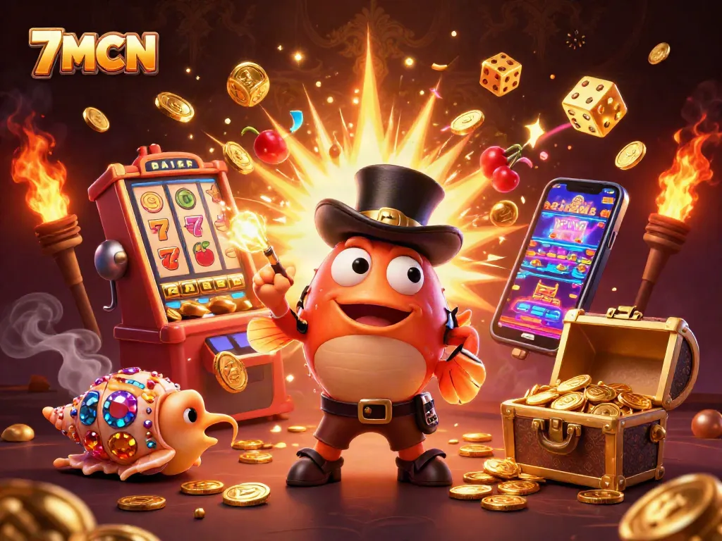 Win treasures with 7MCN in this stunning 3D casino illustration featuring vibrant characters and dynamic gaming elements.
