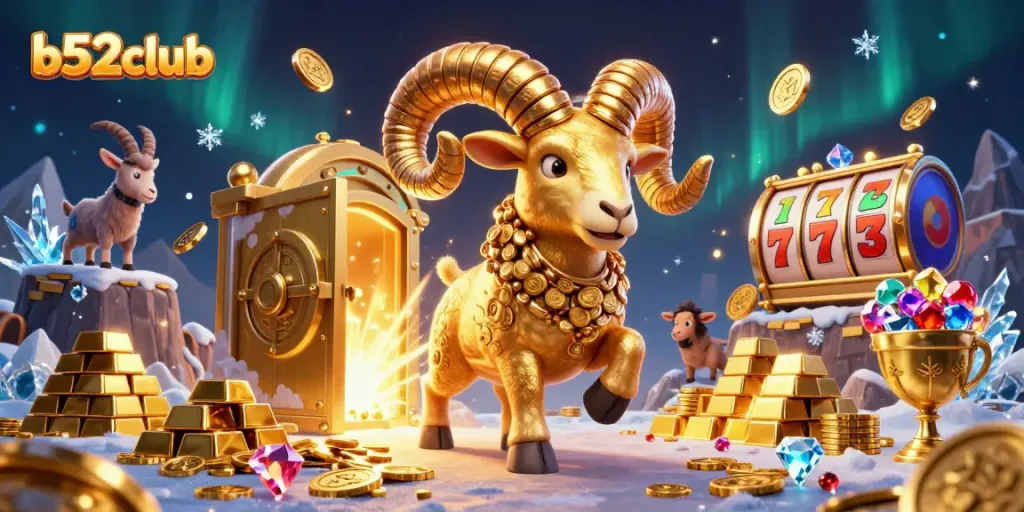 Experience the thrill of b52club with a golden ram charging through a treasure-filled casino world.