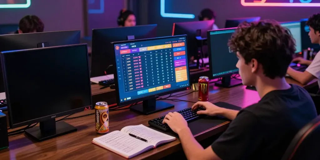 Engaged player participating in a togel online game, focusing on multiple screens
