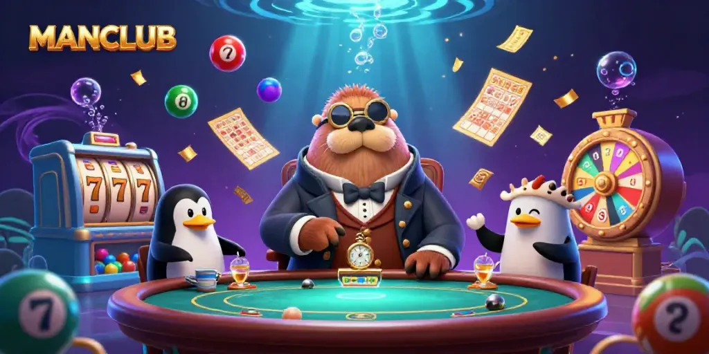 Engage with MANCLUB's vibrant underwater casino where a walrus plays poker lively.