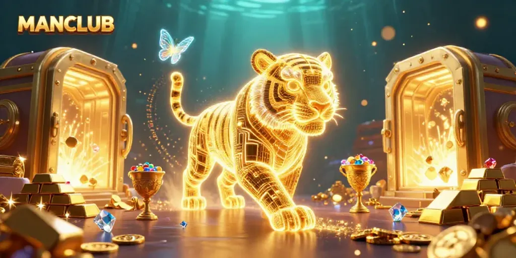 Experience the thrill of MANCLUB in an ultra-detailed casino scene with an energetic tiger and dazzling treasures.