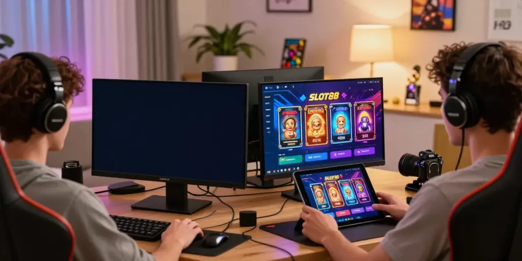 Players enjoying SLOT88 games on various devices in a cozy gaming space.