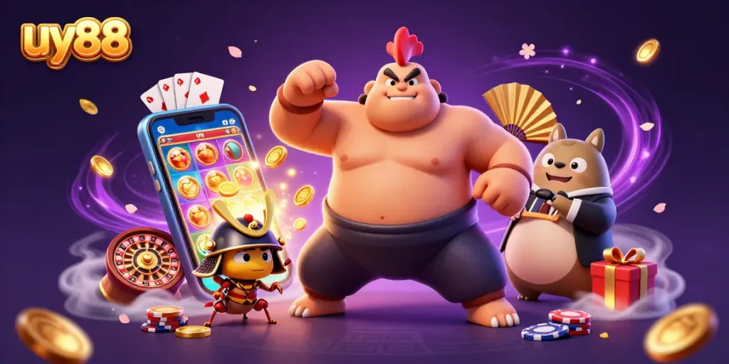 Encounter thrilling moments at uy88 with a powerful sumo rooster and mystic gaming elements.