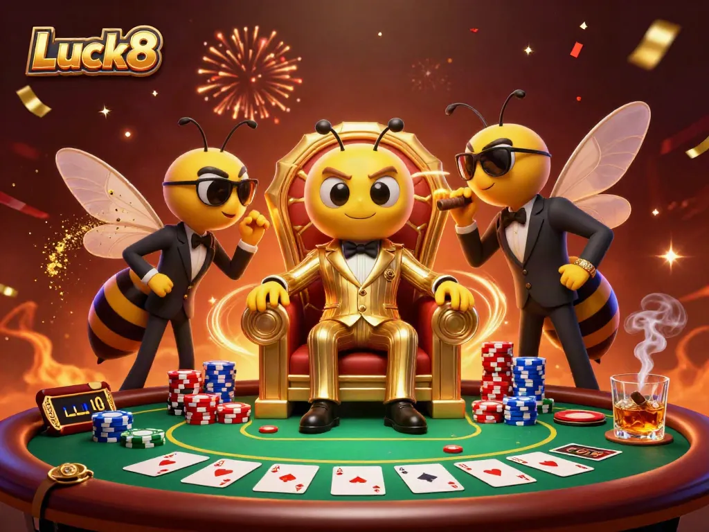 Luck8 showcases an energetic casino scene with characters engaging in poker with vibrant elements.