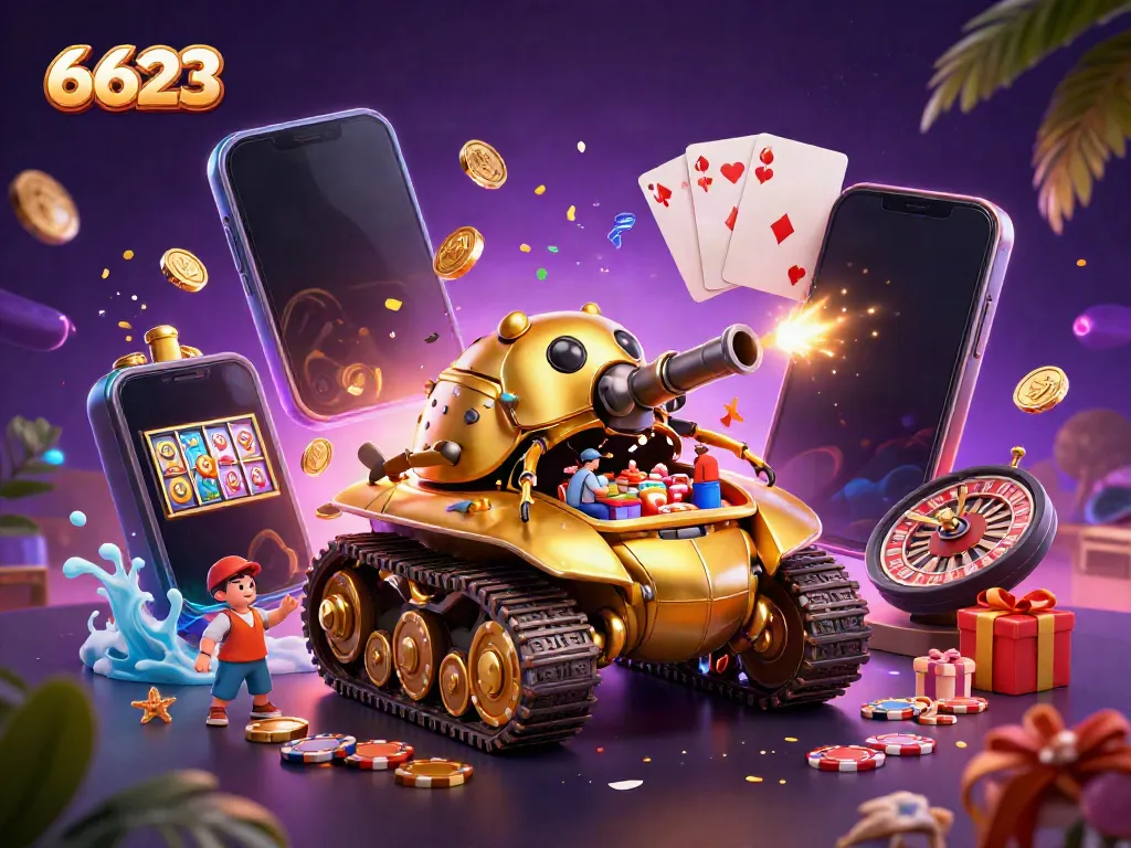 Experience the 6623 gaming world with a vibrant 3D casino beetle tank featuring slots and poker elements.