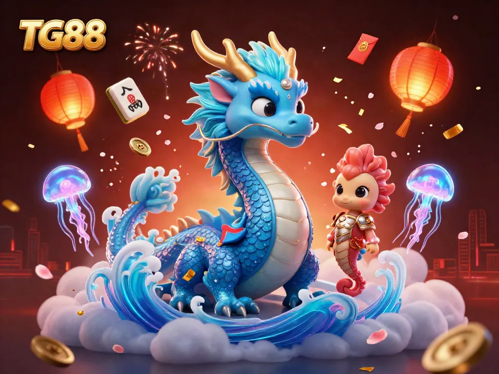 Experience vibrant gameplay at TG88 with a majestic dragon, seahorse knight, and glowing jellyfish in a festive casino setting.