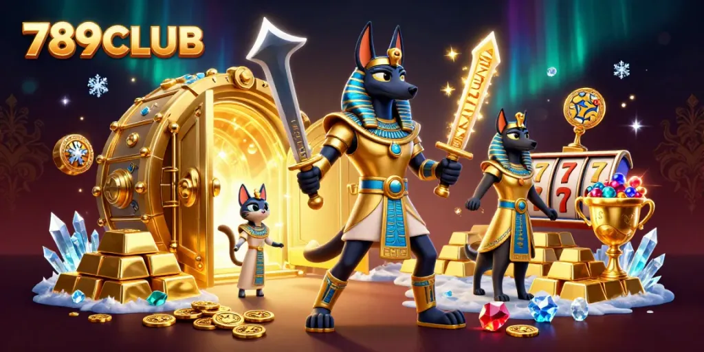 Experience the thrill of 789CLUB with Anubis and Bastet amidst golden casino treasures.