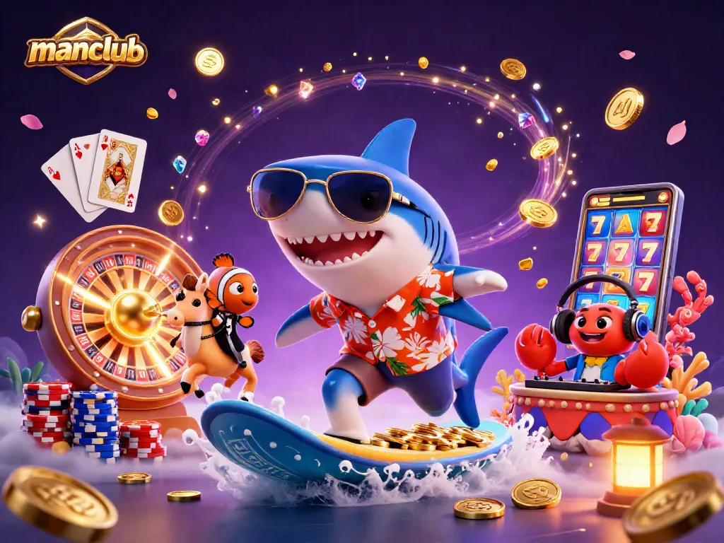 Experience the excitement of manclub with cartoon characters amidst gold coins and casino elements.