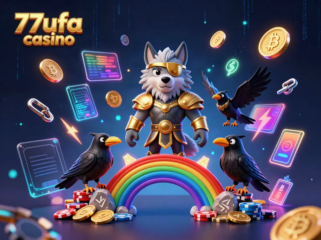 Experience the excitement of 77ufa casino with Odin and ravens on a bridge of casino chips.