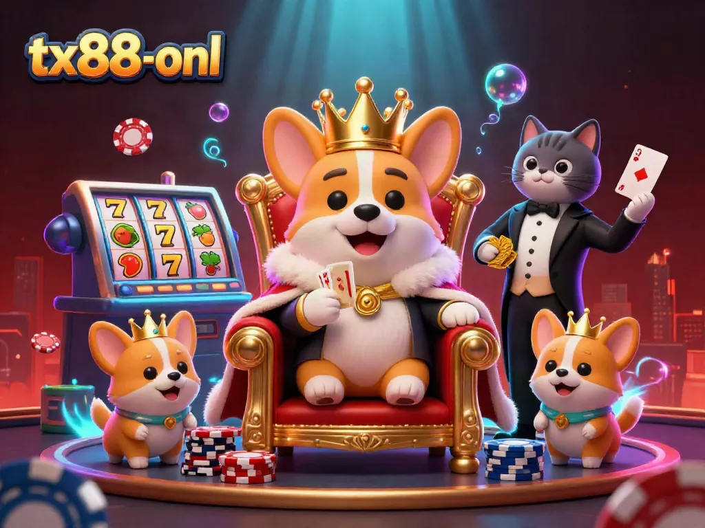 Join the royal fun at tx88-onl with corgis and glimmering casino elements in a vibrant scene.