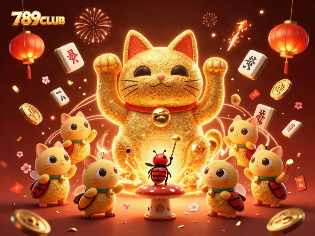 Experience the excitement of 789CLUB with a dynamic illustration featuring a lucky cat and festival elements.