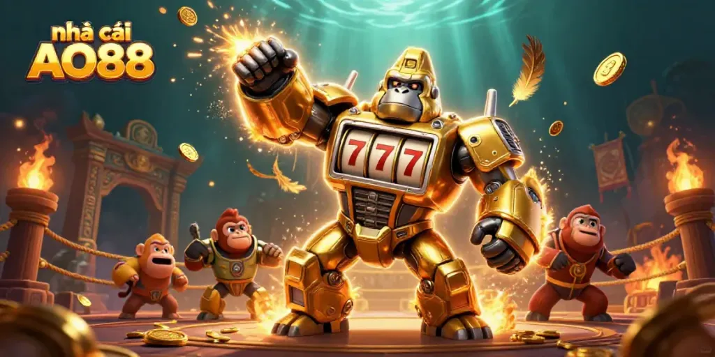 Engage in thrilling games with nhà cái AO88, featuring a golden gorilla mech and dynamic casino elements.