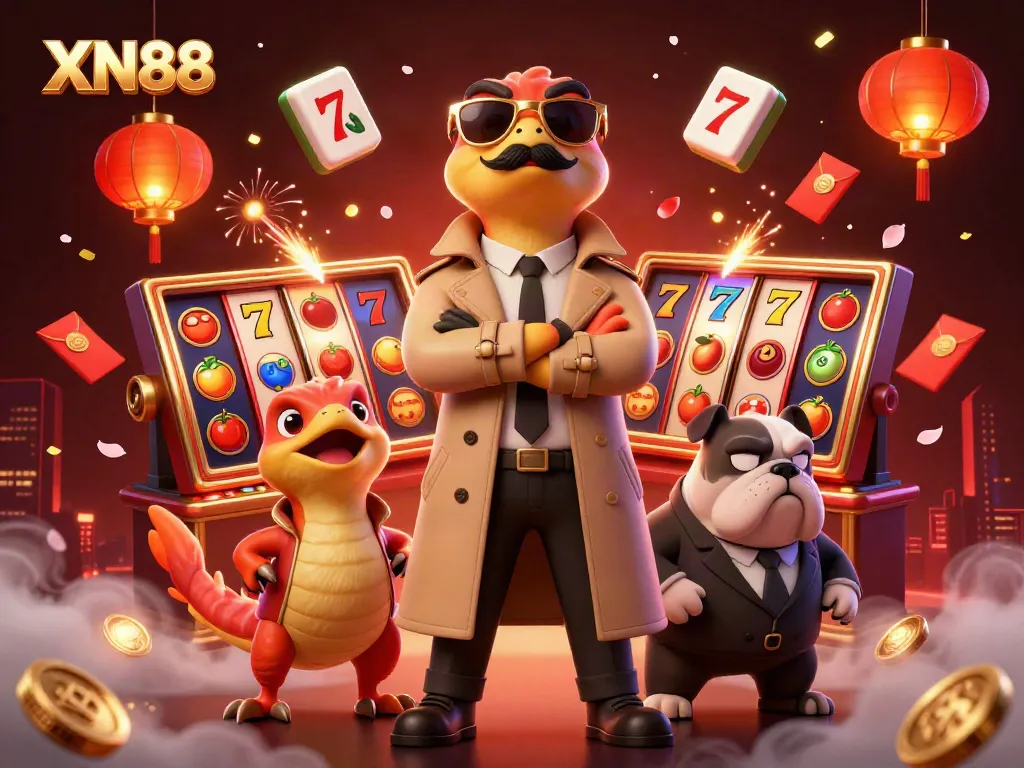 Engage in thrilling casino fun with raptors at XN88 eager for VIP access, colorful slot reels in view.