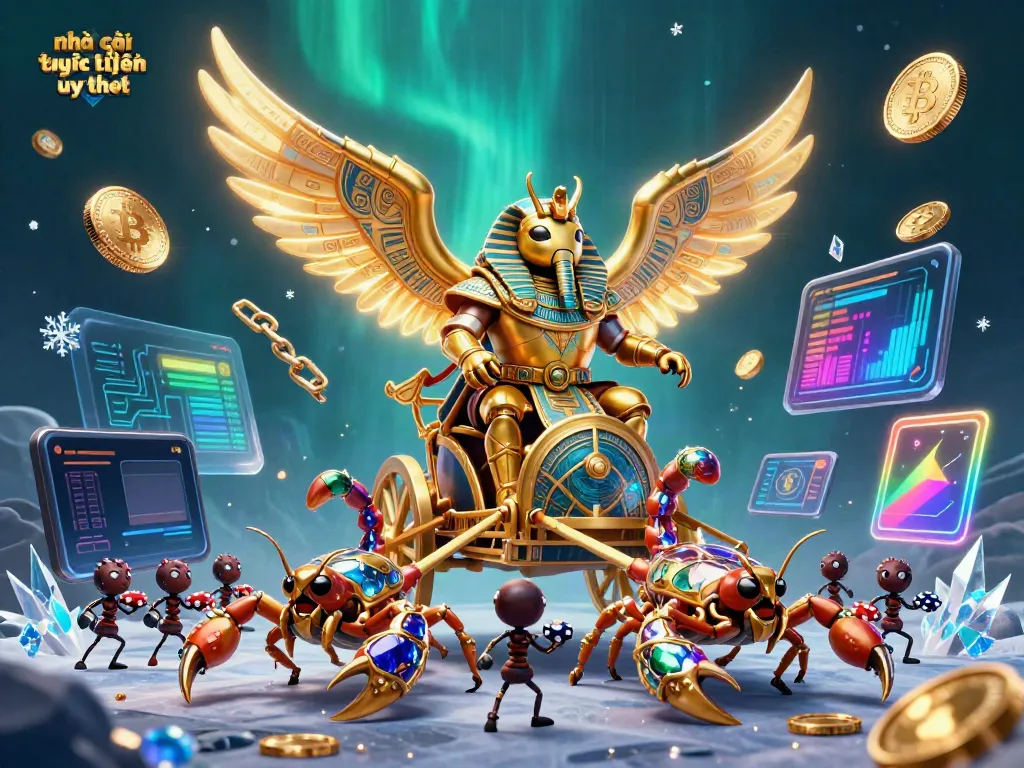 Engage with nhà cái trực tuyến uy tín in an artistic 3D scene featuring a golden scarab and cryptocurrency elements.