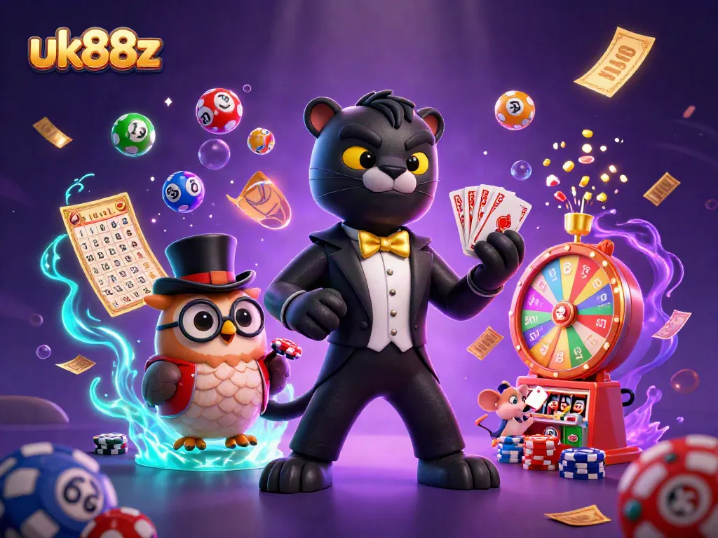 uk88z showcases a dynamic casino scene with a black panther dealing cards, perfect for gaming enthusiasts.
