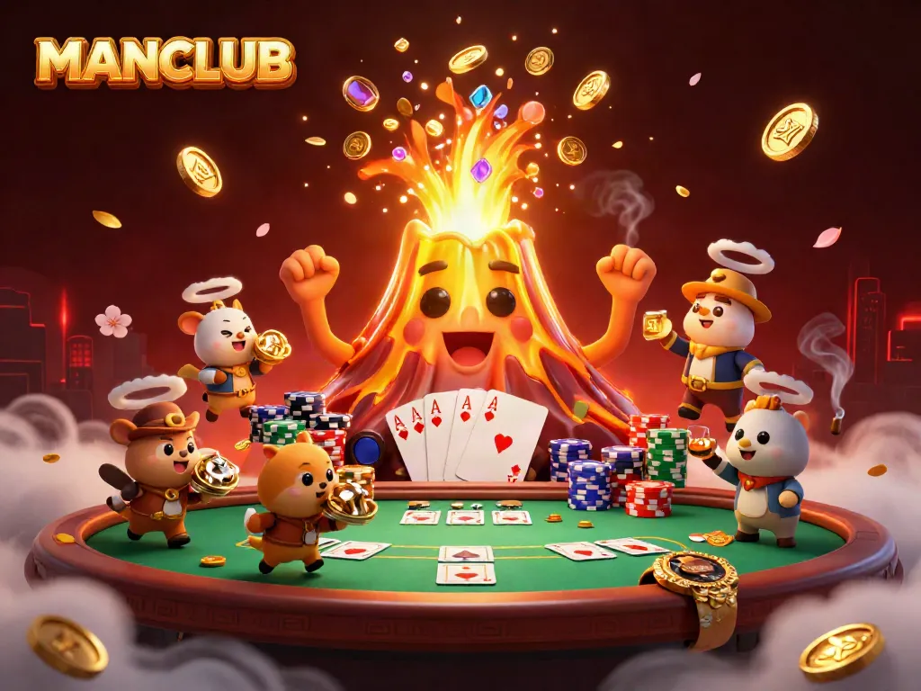 Win big at MANCLUB with thrilling casino action, featuring a golden volcano spewing coins.