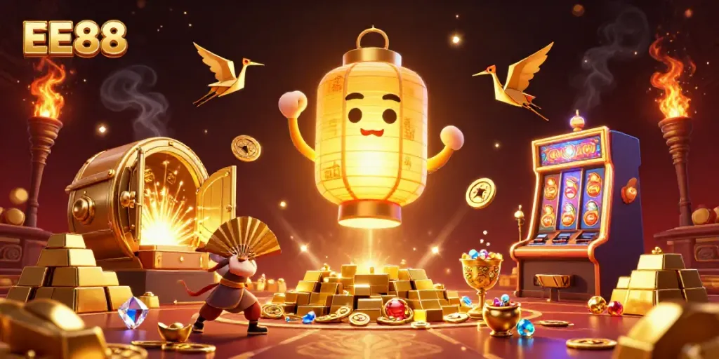 Experience the thrill of EE88 with an enchanting 3D illustration of a golden lantern spirit surrounded by casino elements.