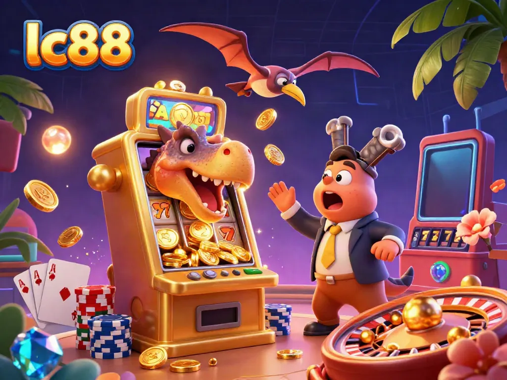 lc88 slot machine action with a dinosaur headbutting for coins in a vibrant casino scene.
