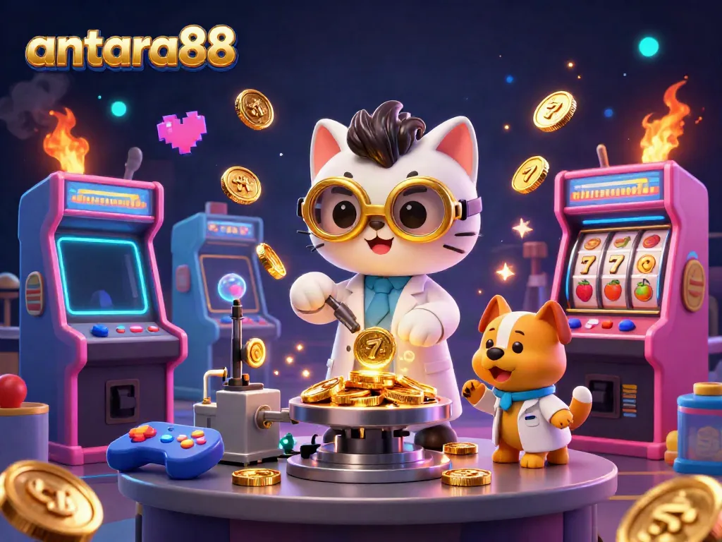 Experience the excitement of antara88 with a fun 3D carnival scene featuring cats, dogs, and casino-themed elements.