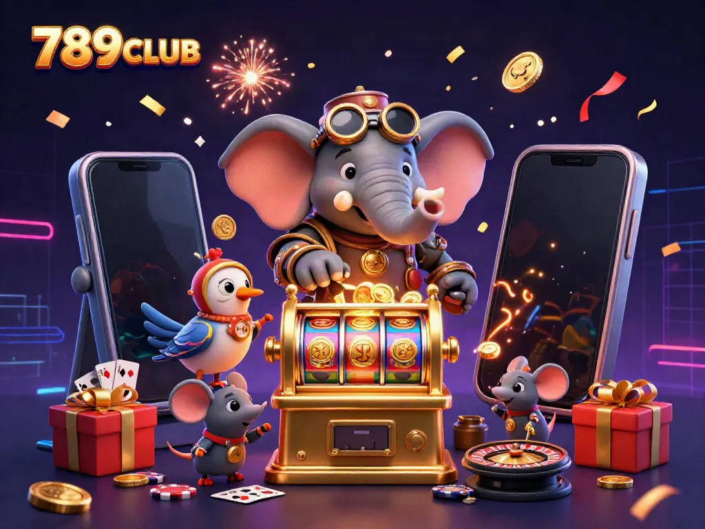 Engage with 789CLUB as a steampunk elephant operates a golden slot machine amidst vibrant gaming elements.