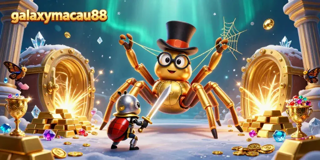 Experience the dynamic excitement of galaxymacau88 in this vibrant, detailed casino scene filled with treasure and action.