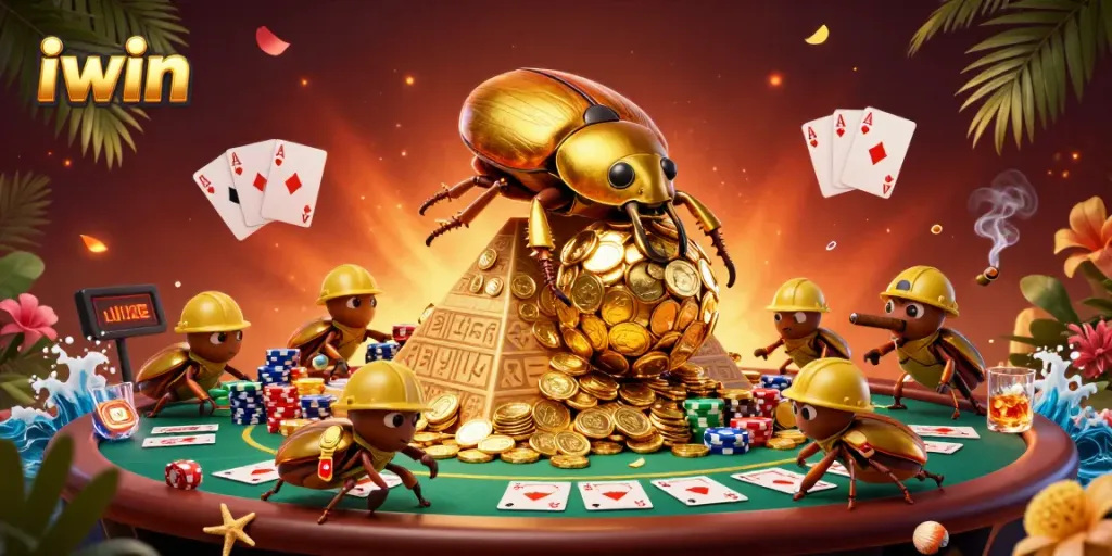 Engage with iwin's casino adventure as the golden dung beetle rolls coins amidst vibrant gaming elements.