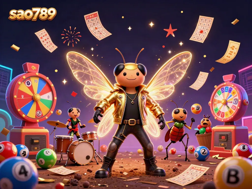 Sao789 showcases vibrant lottery balls and characters in an engaging casino celebration scene.
