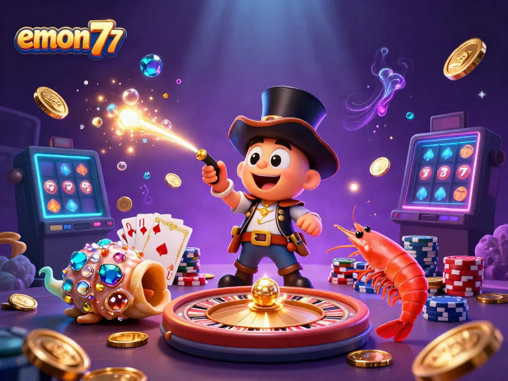 Engage with emon77's vibrant casino world featuring luminous characters and dynamic game elements.