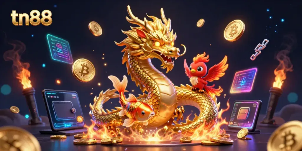 Experience tn88's exciting gaming world featuring a golden dragon, phoenix, and koi fish amidst dynamic gaming symbols.