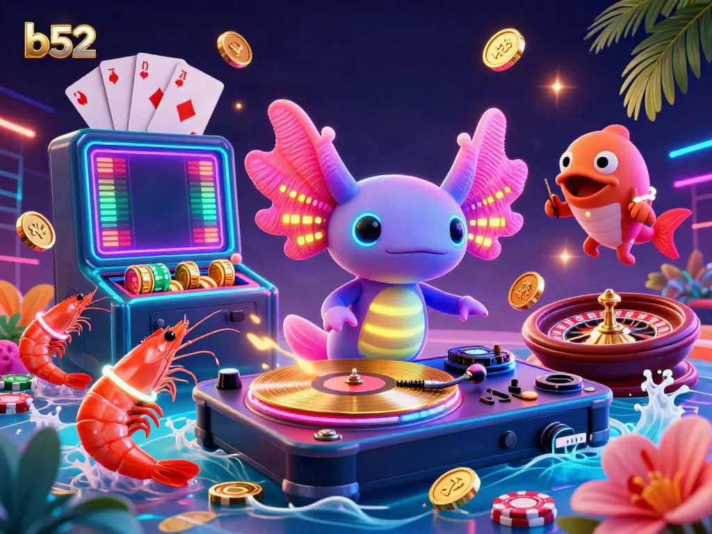 Experience vibrant casino excitement with the b52 neon DJ spinning colorful slots and golden coins.