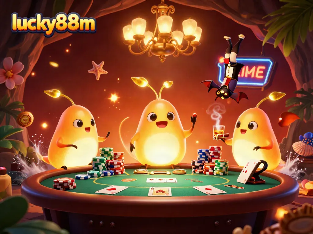 Play poker in the vibrant atmosphere of lucky88m's cave casino illuminated by glowworms.