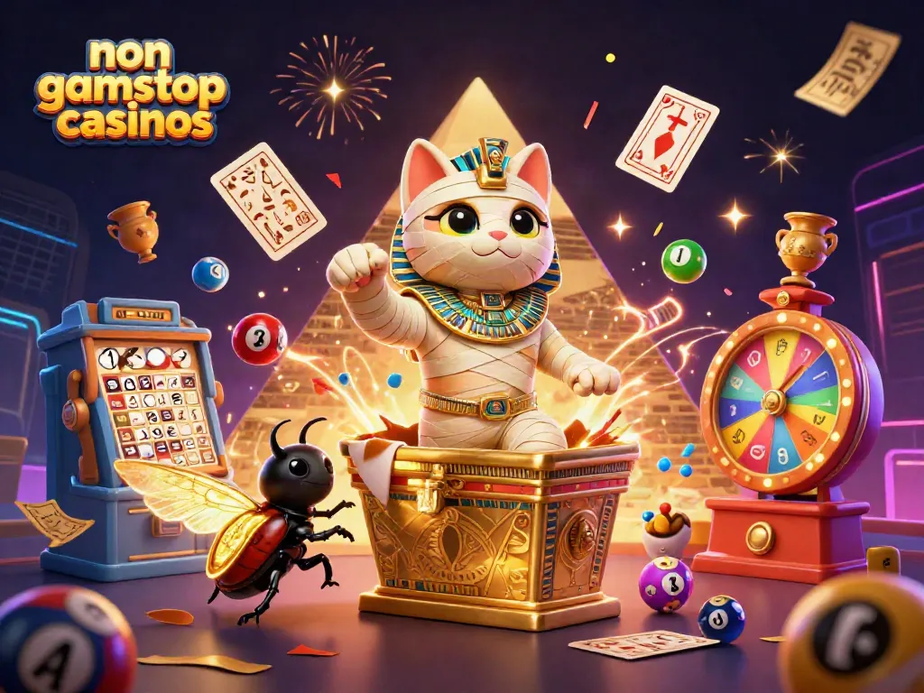 Experience exciting non gamstop casinos with a 3D-illustrated mummy cat character bursting out of a golden sarcophagus, surrounded by casino elements.