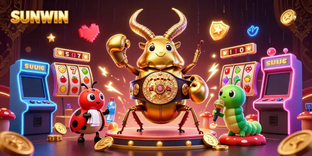 SUNWIN showcases a vibrant 3D illustration of a golden stag beetle and interactive casino elements.