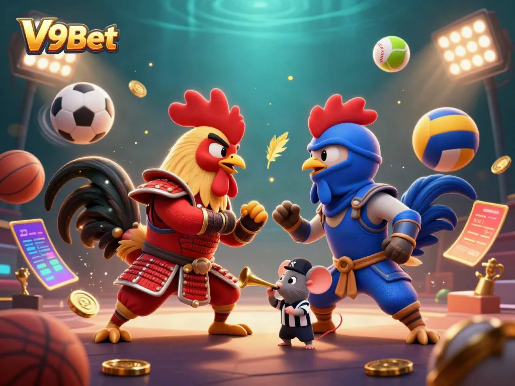 Experience thrilling V9Bet action with a dynamic showdown of cartoon fighting roosters in a colorful casino setting.