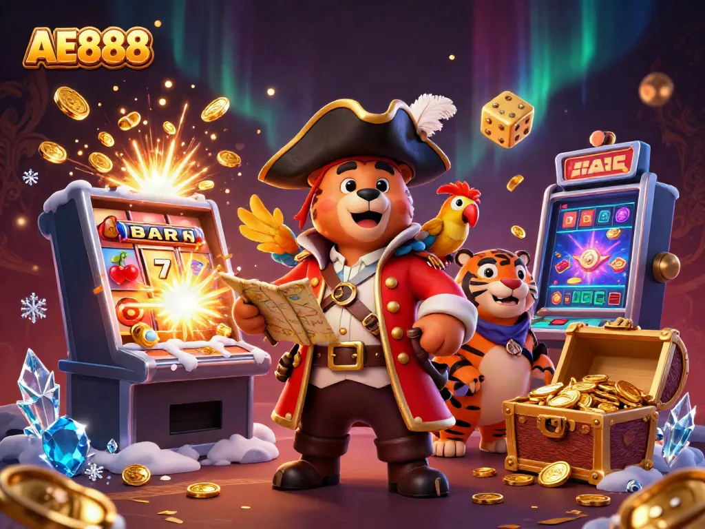 Engage in gaming fun with AE888, featuring a vibrant 3D scene of a pirate captain bear, tiger, and parrot amid casino excitement.