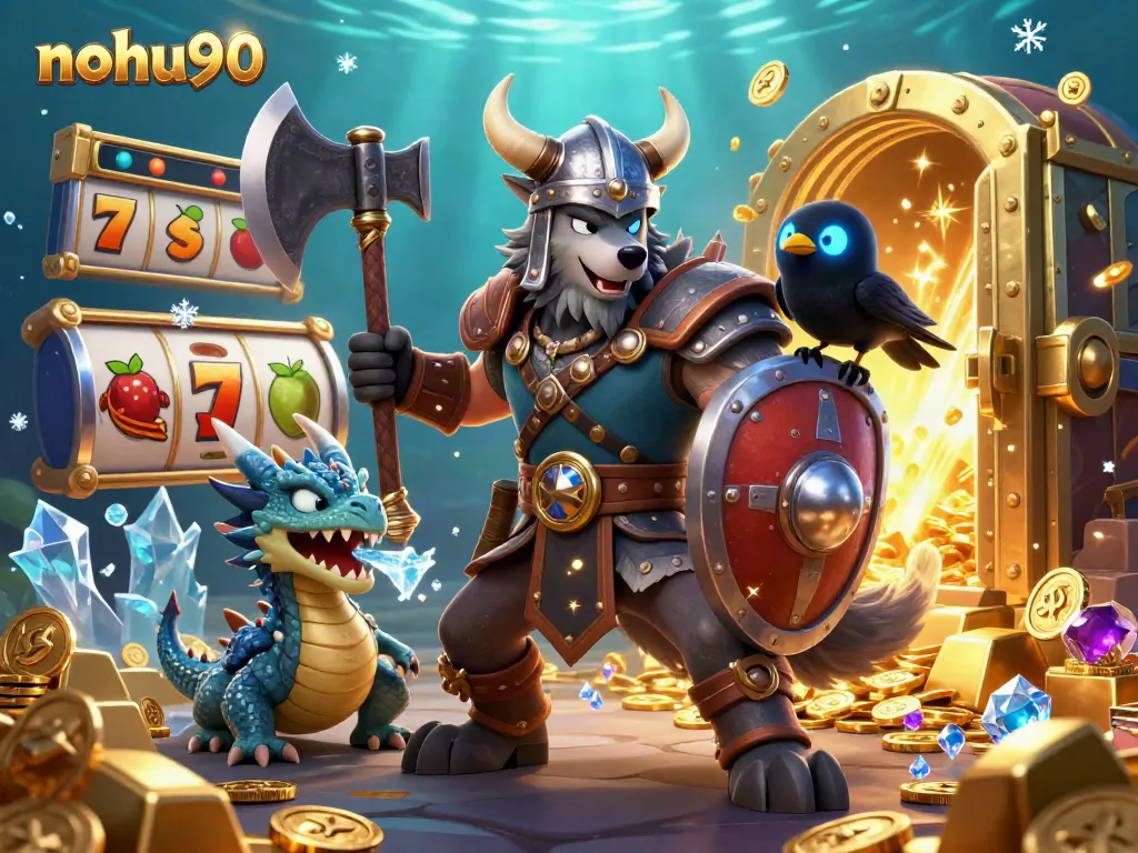 Engage in thrilling slots with nohu90 featuring a Viking warrior, dragon, and treasure!
