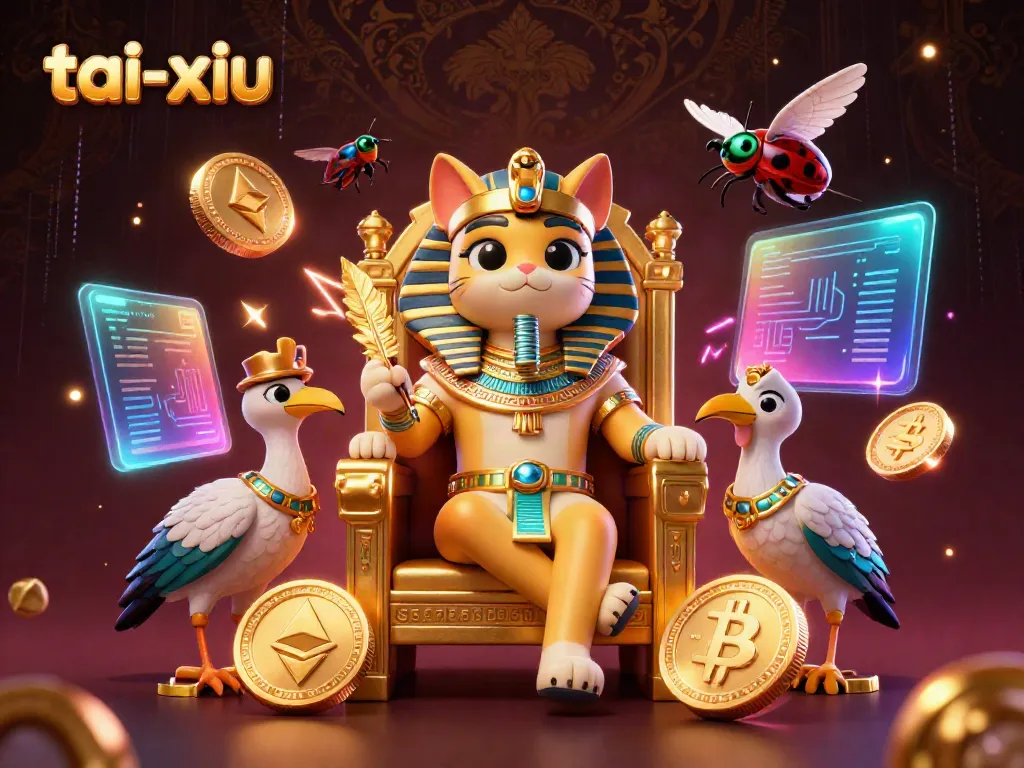 Play tai-xiu online with vibrant characters surrounded by glowing coins and dynamic blockchain elements.