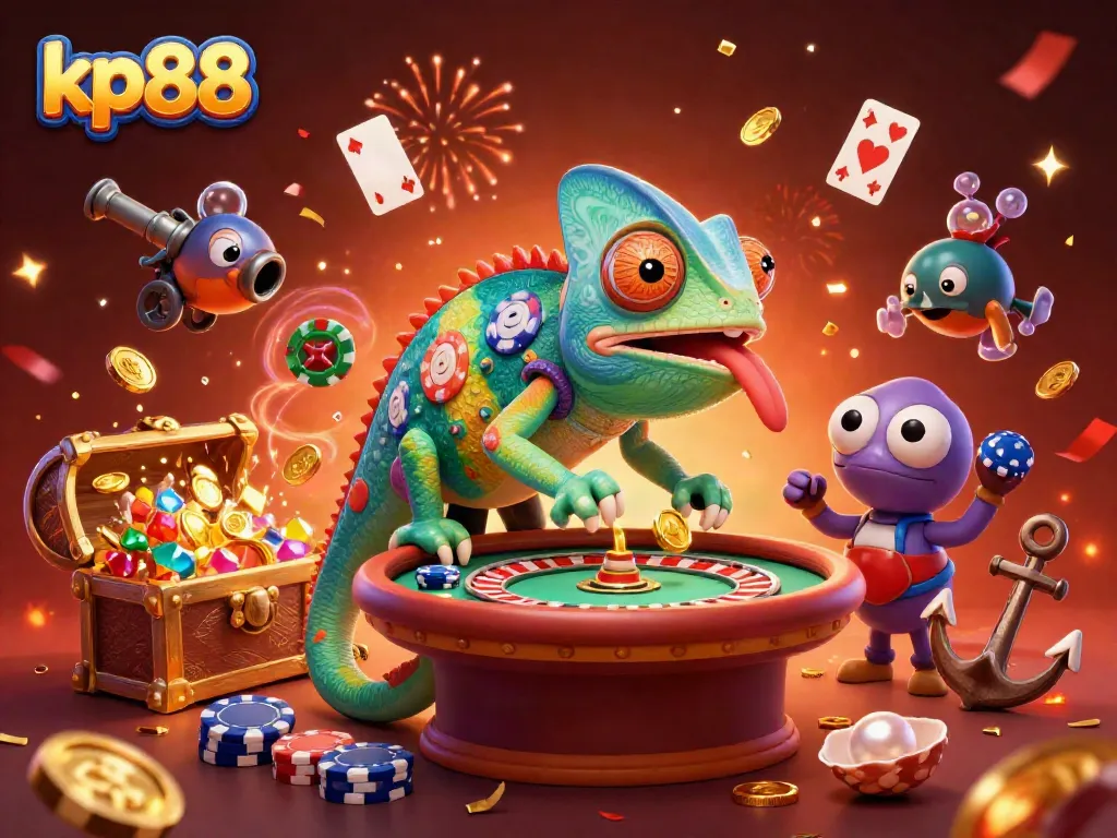 Experience the vibrant casino world with kp88's playful chameleon owner and treasure-filled scenes.