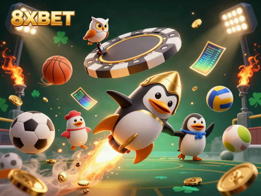 Experience the thrilling journey with 8XBET's golden penguin racing to a casino adventure.