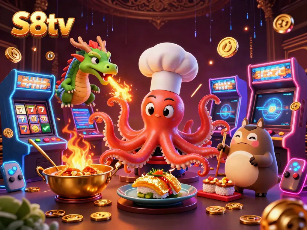 S8tv brings vibrant energy to casino gaming with a sushi chef octopus and dragon in a colorful arcade.