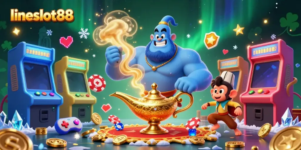 Experience the thrill of gaming with lineslot88 as a genie, monkey, and magic carpet create a vibrant casino scene.