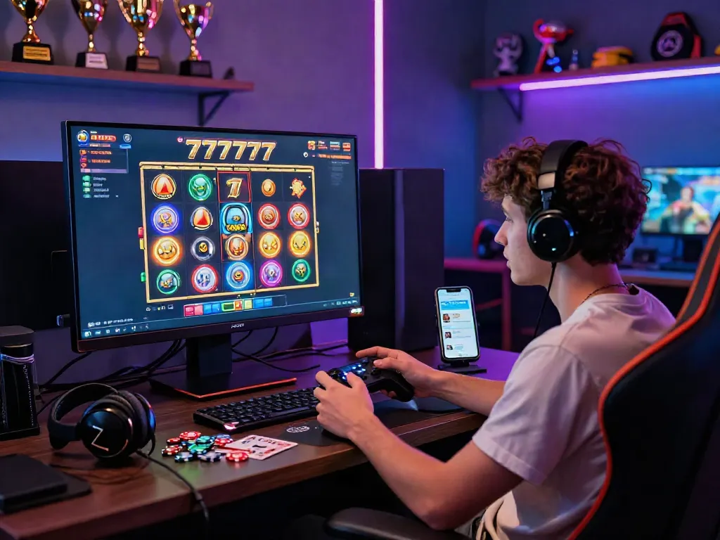Engaged player enjoying slot777 online gaming experience at home with vibrant atmosphere.