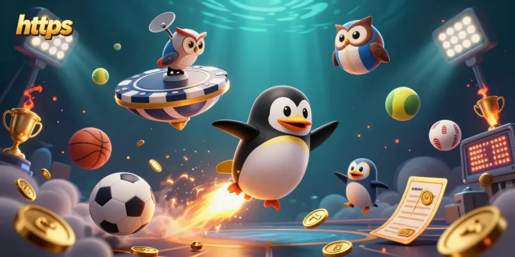 Engage with winning strategies at BL555 as the golden penguin ignites excitement amidst dynamic sports elements.