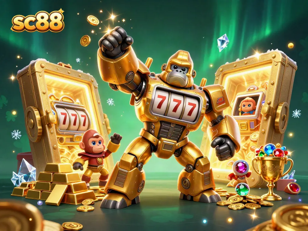Experience thrilling gameplay at sc88 with a golden gorilla mech amid treasures and dynamic casino elements.