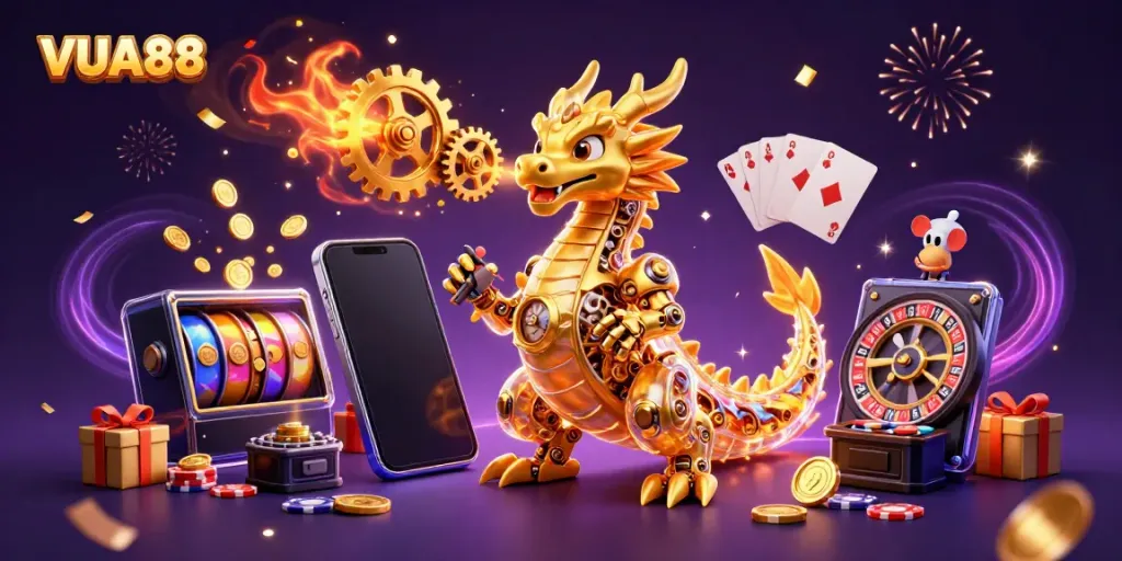 Experience VUA88 with a majestic dragon symbolizing the thrill of gaming alongside vibrant casino elements.