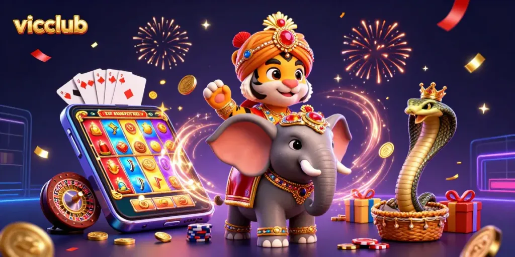Win big at vicclub with vibrant 3D illustration featuring casino-themed elements and exotic characters.