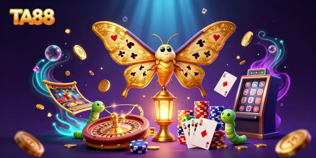 Experience the vibrant allure of TA88 with animated casino visuals featuring gold and gems.