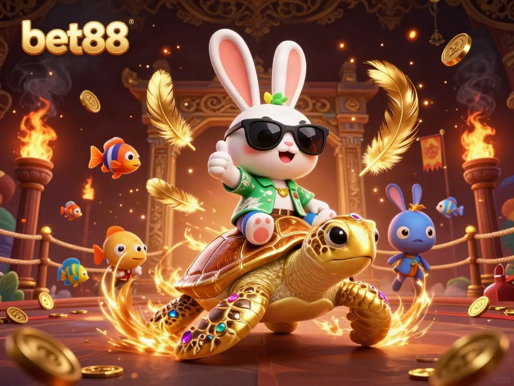 Bet88 showcases a lucky rabbit and golden turtle in a vibrant casino setting, enhancing the excitement.
